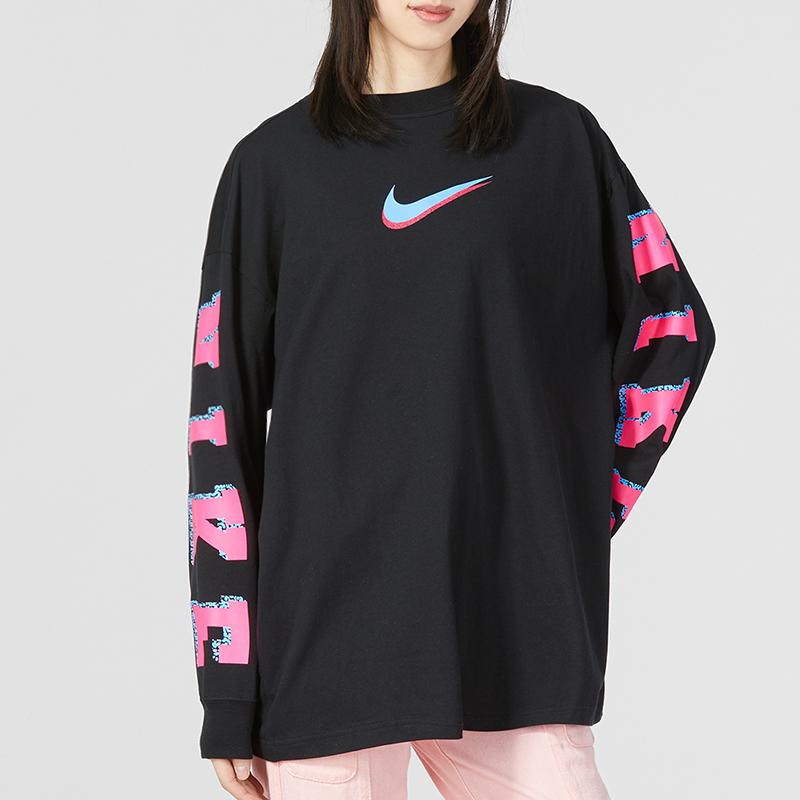 Nike Sportbekleidung Damen Bedrucktes Rundhals-T-Shirt Locker Langarm Schwarz Damen DX7925-010