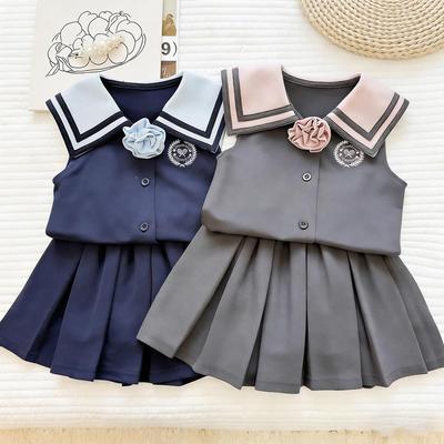 Girls' Navy Collar Sleeveless Top & Pleated Skirt Set - Summer 2026 Trendy