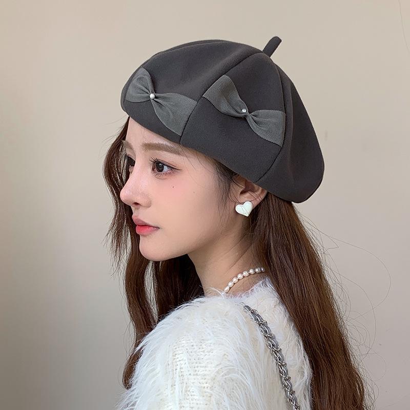 Japanese Sweet Bow Beret Female Cute Versatile Cloud Painter Hat Street Photography Fashion Woolen Octagonal Hat