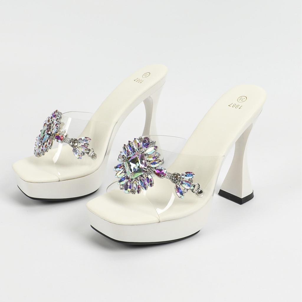 Women's Sexy Car Model Fashionable Transparent Nightclub Thick Heel Crystal Square Head Non-slip Rhinestone 12CM Tow LFD-1987-61
