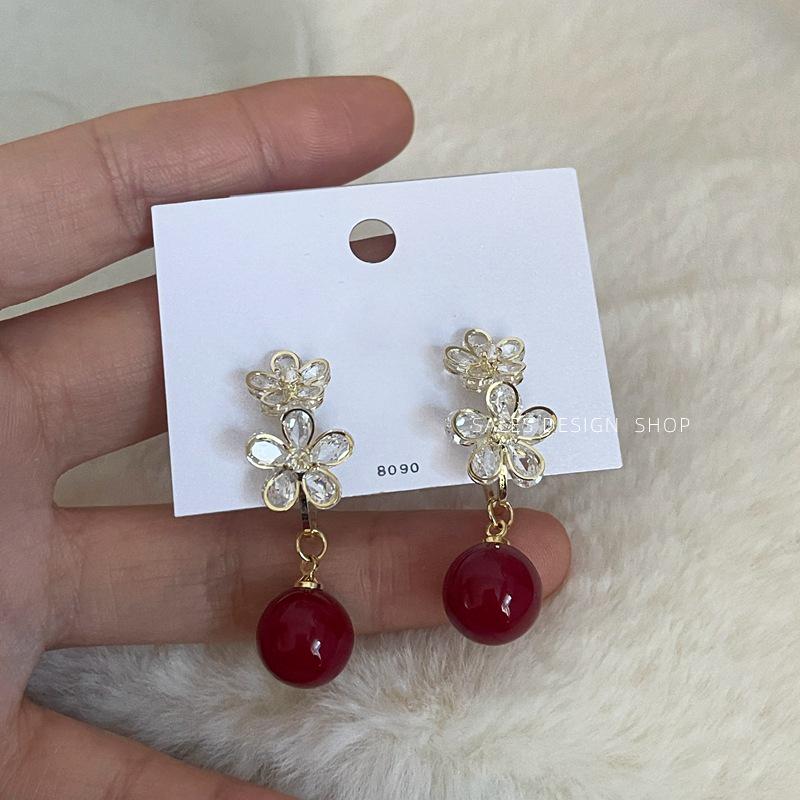 Zircon Flower Pearl Drop Earrings: Elegant Silver Studs for Women