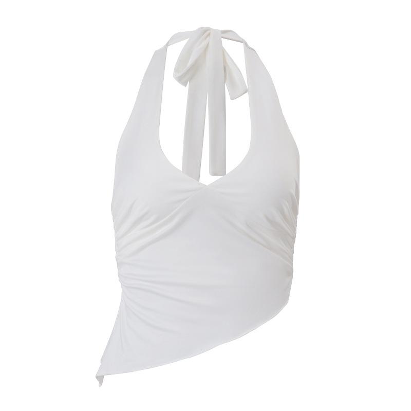 Casual Solid Women Halter Crop Top Y2K Elegant V neck Sleeveless Fold Summer Tees Formal Streetwear Sporty Female Vest