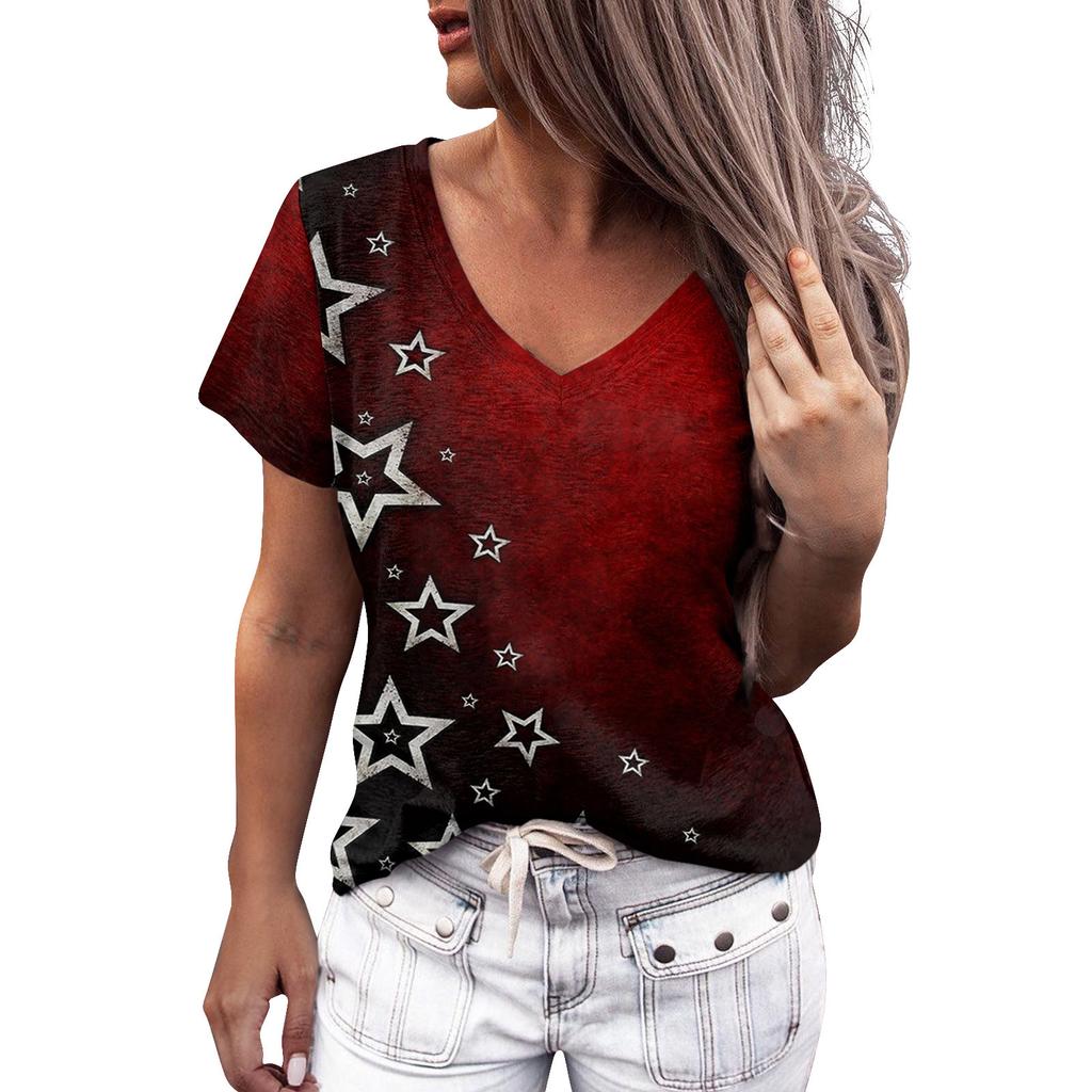 Summer Women Floral Print V Neck Short Sleeve Loose 3D T Shirt