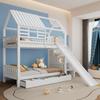 Bunk Bed with Storage Staircase and Slide, Pine Wood and MDF Frame, Bed with Window and Roof, Fall Protection Guard and Drawer, White, 90x200cm*2