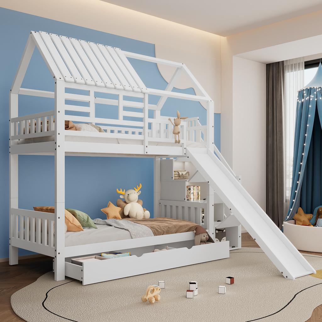 Bunk Bed with Storage Staircase and Slide, Pine Wood and MDF Frame, Bed with Window and Roof, Fall Protection Guard and Drawer, White, 90x200cm*2