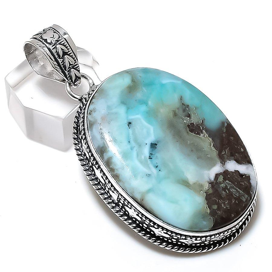 Natural Republic Larimar Gemstone 925 Steling Silver Jewelry Pendant 2.36" A4F31