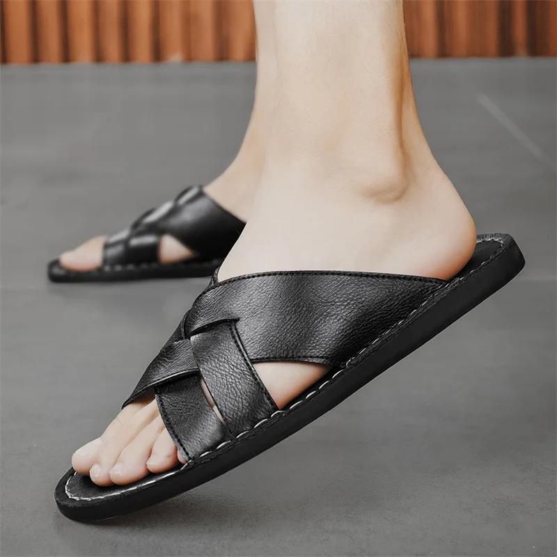 Fashion Summer men's slippers, women's flat bottomed beach breathable genuine leather business casual non slip lightweight sandals