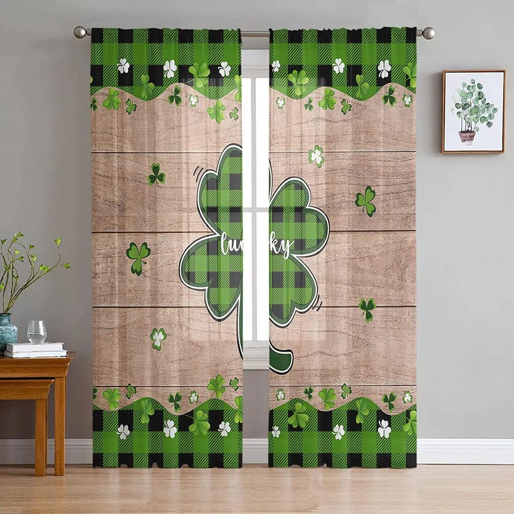 St Patrick Day Clover Lucky Leaves Voile Curtain Living Room Bedroom Kitchen Window Decor Tulle Chiffon Curtains Sheer Polyester Ideal For Area