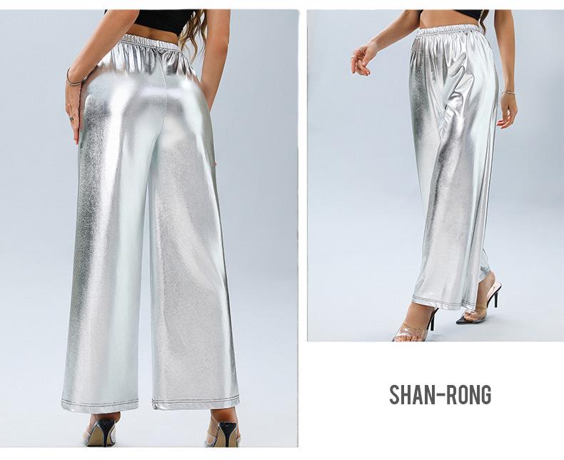 2024 New European & American Women's High Waist Silver Wide-Leg Casual Trousers