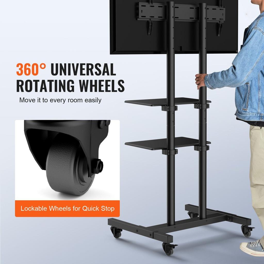 Mobile TV Stand, Mobile TV Cart for 32 to 70 inch TVs, Height Adjustable Portable TV Stand with Wheels, Double Tray for Audio-Visual Devices, Rolling