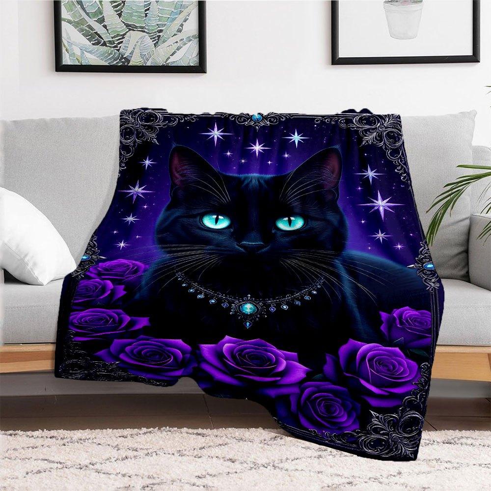"Enchanted Black Cat with Stars and Roses Wall Art Print"Blanket Flannel Throw Blanket for Sofa, Bed, Travel, Camping, Office
