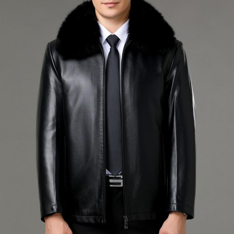 Fox Fur Genuine Leather Jacket with Detachable Down Lining, Winter New Middle-aged and Elderly Dad Wear Lapel Leather Jacket