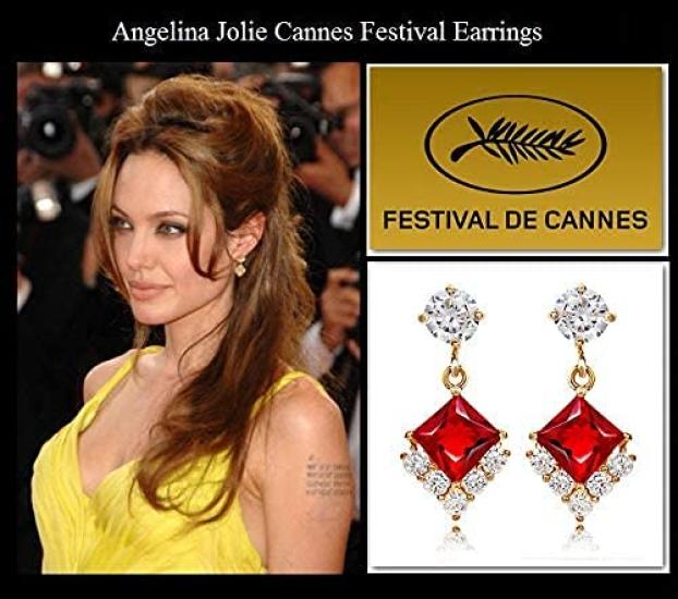 Ruby Red 18K Princess Cut CZ Dangle Hollywood Celebrity Jewelry Earrings, Gold, Diamond, Earrings, 18KGP,