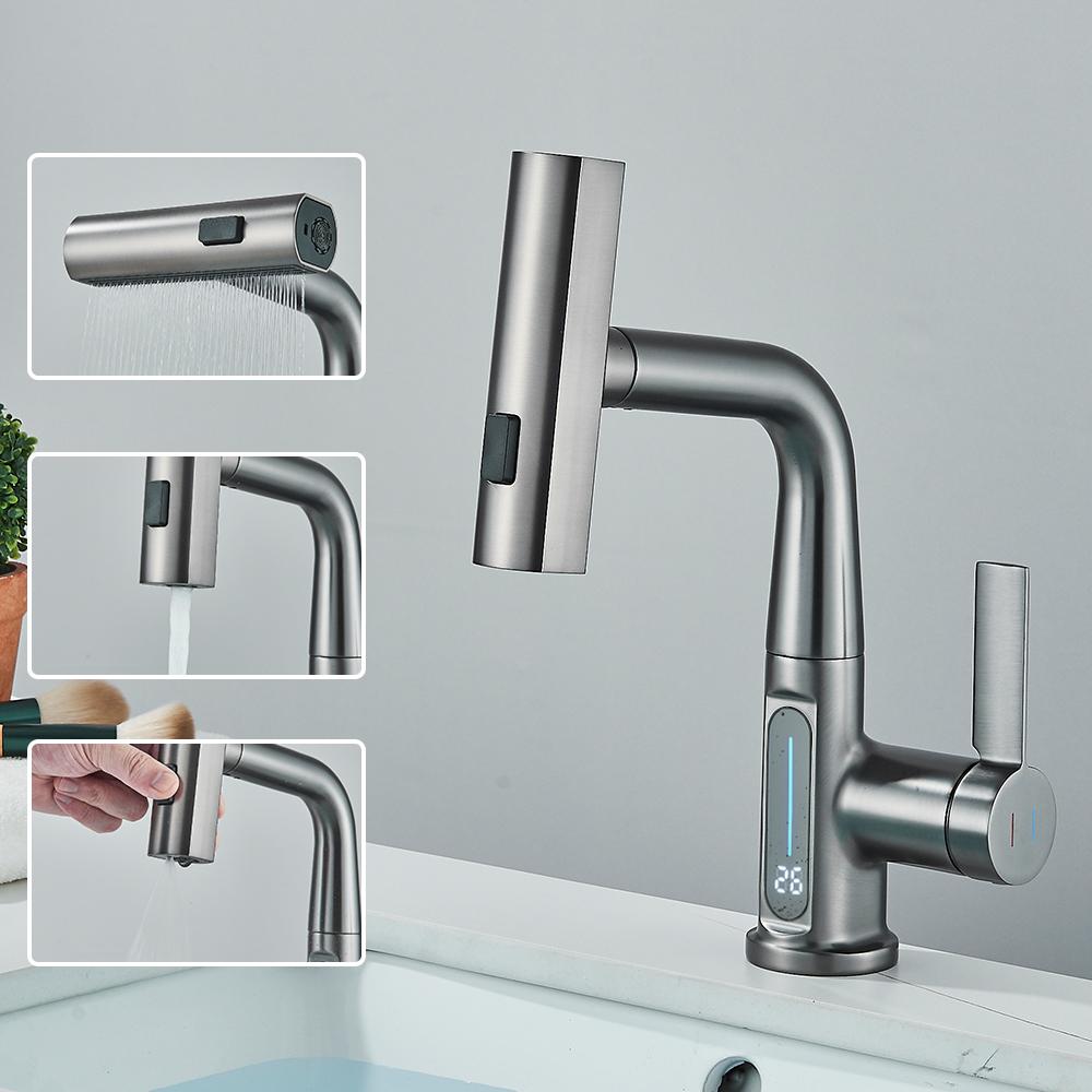 

Температура Цифровой Дисплей Смеситель Для Раковины Для Ванной Комнаты Выдвижной Водопад Stream 3-ходовой Распылитель Горячая Холодная Вода Смеситель Для Раковины Стиральный Кран серый