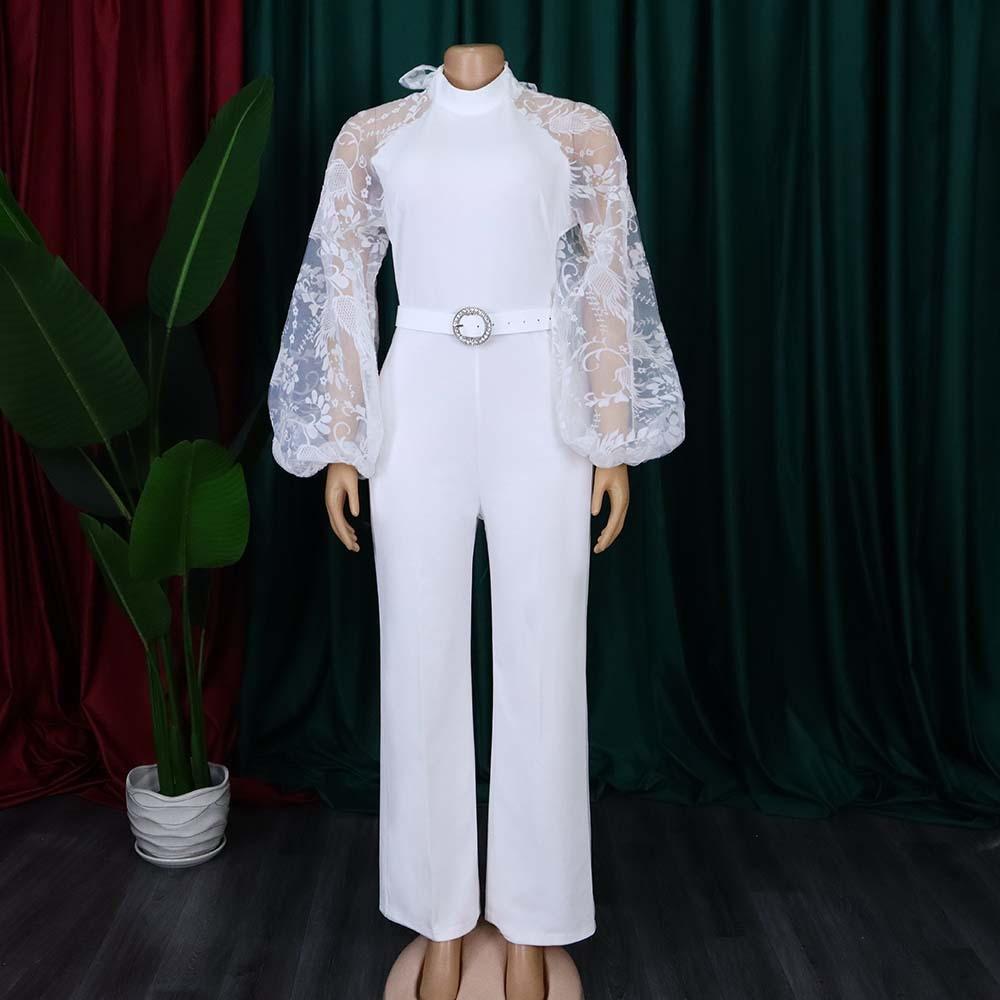 Elegant Jumpsuits Women O Neck Long Sleeve Belt High Waisted Straight Pants Female 2026 New