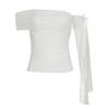 H Home European and American Women's Clothing Cool Fancy Oblique Shoulder Ribbon Design Tops Asymmetrical Ruched Pure Color Dancing T-shirt