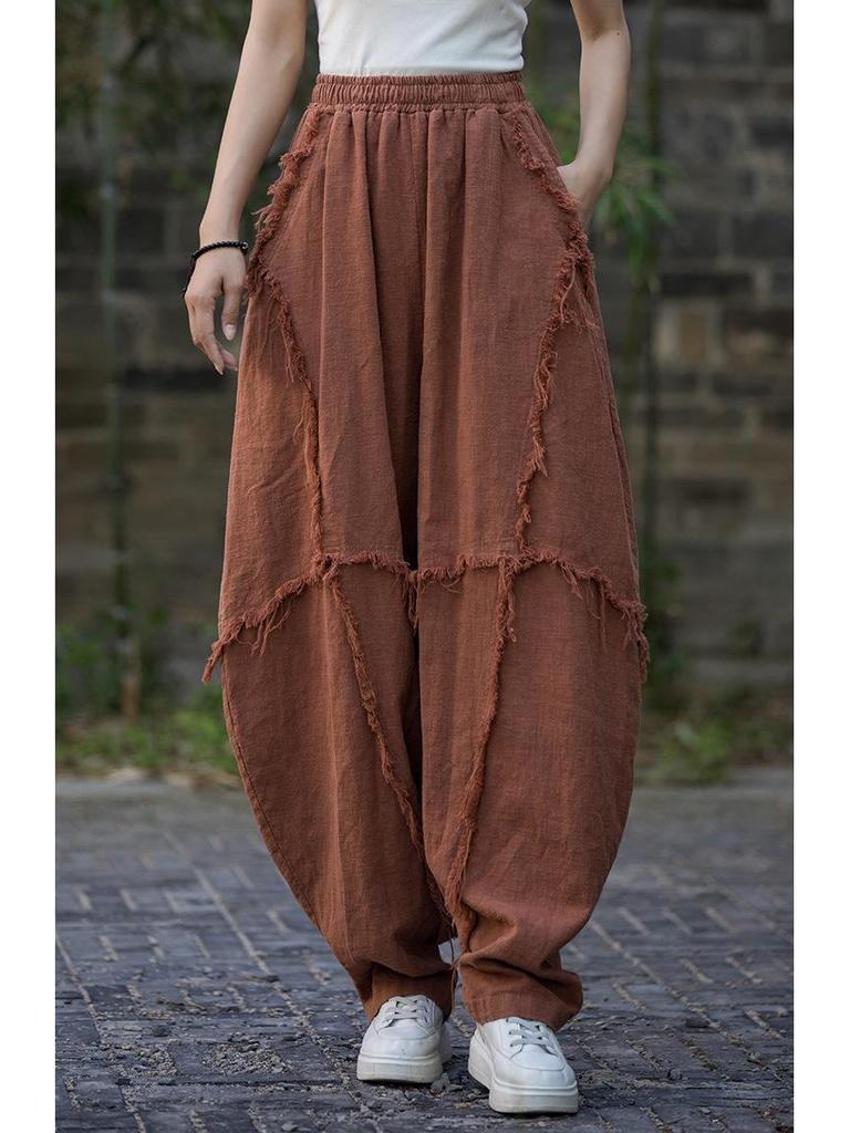 Spring Plus Size Ramie Brushed Lantern Pants, Casual Cotton-Linen Distressed Style for Women