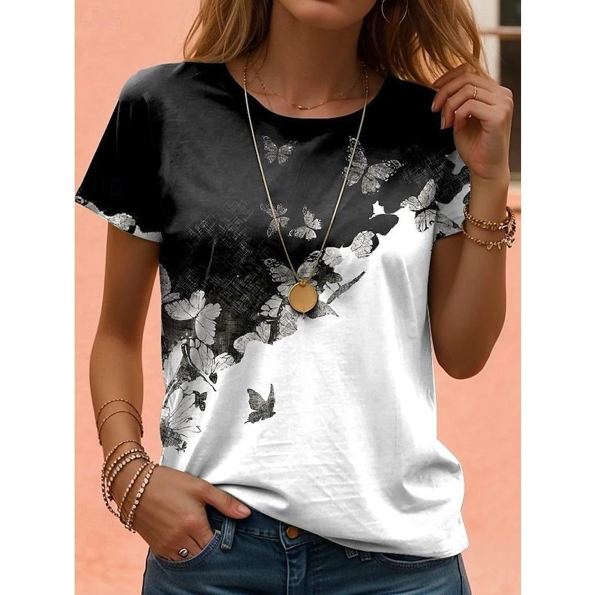Summer Round Neck 3D Color Block Butterfly Print Top Fashionable Casual Short Sleeved Women's T-shirts