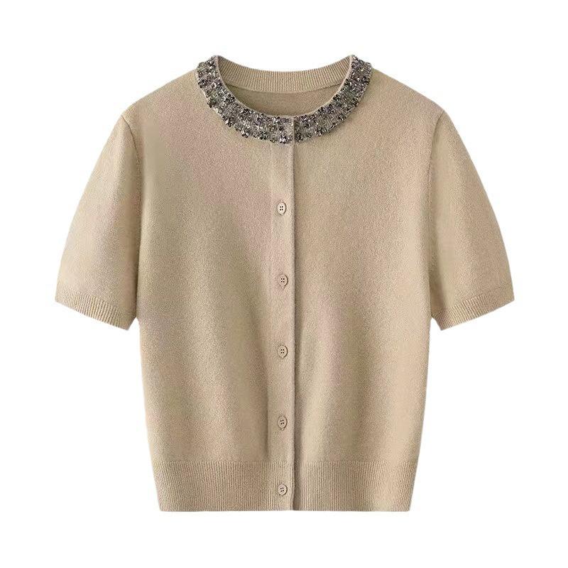 Design Sense Heavy Industry Nail Drilling Short Sleeve T-Shirt Summer New Soft Skin-friendly Skinny Bottom Shirt Knitted Sweater Top