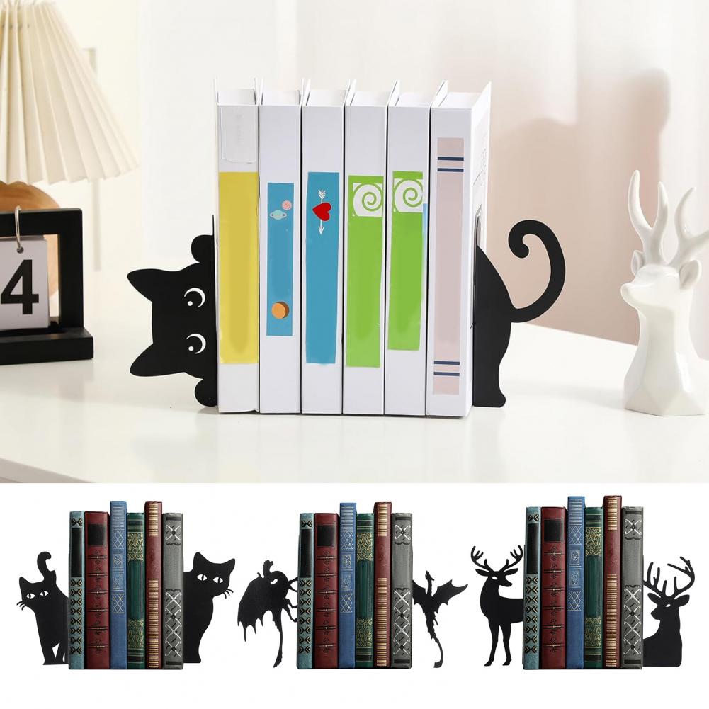 Bookend for Small Spaces Compact Bookend Metal Bookends Stylish Black Cat Reindeer Dragon Decor for Home Office