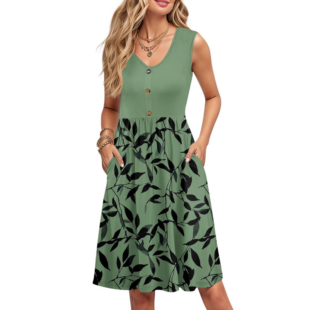 Women Summer Printing Dresses Sleeveless Casual Loose Swing Button Down Midi Sundress With Pockets