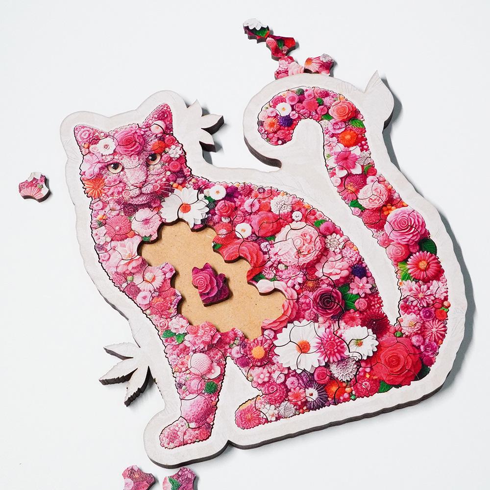 

Flowers & Cats Irregular Wooden Jigsaw Puzzle - Immersive Stress Relief, Educational & Creative Art Gift for Kids’ Birthdays