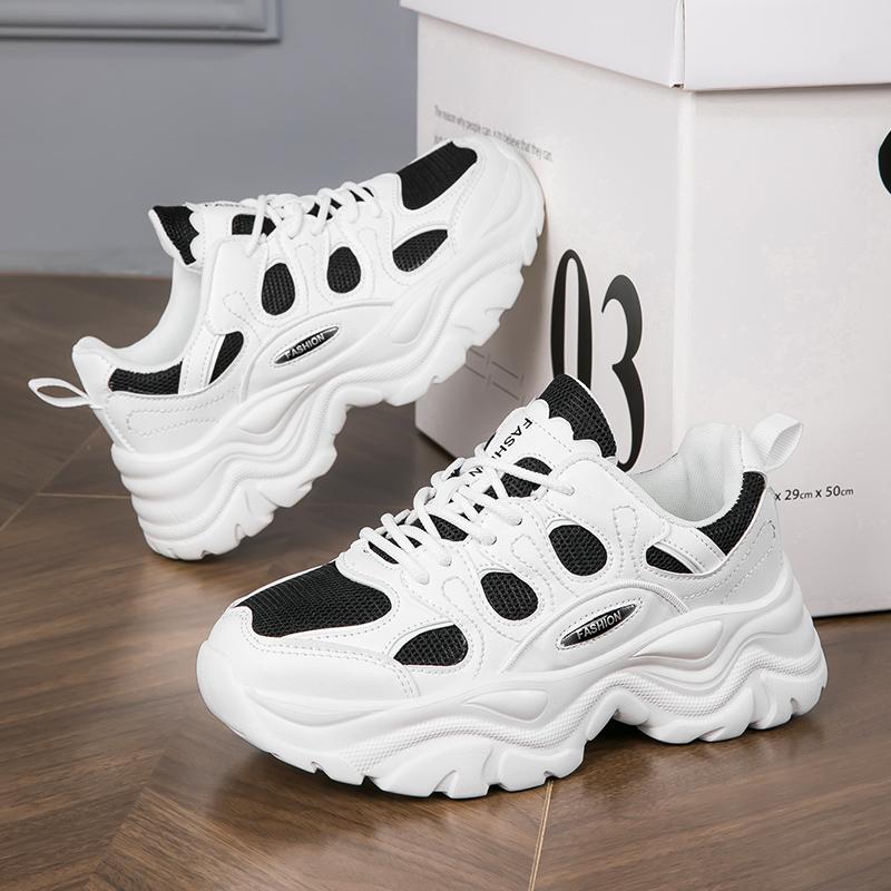 White New Fashionable Thick Sole with Hong Kong Style Dad Shoe Lightweight Casual Shoes, Student Anti Slip Sports Women's Shoes