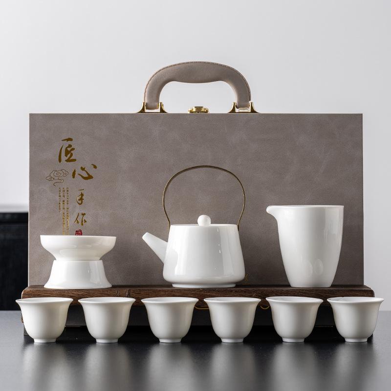 

Suet jade light luxury white porcelain kung fu tea set, a complete set of beam pots, high-end souvenir gifts, gift boxes, boutique products