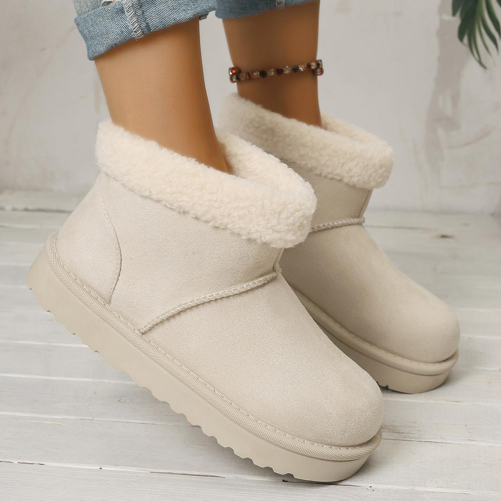 Winter New Round Head Flat with Warm and Comfortable Non-slip Snow Boots Suede Muffin Bottom Short Tube Wool Cotton Boots