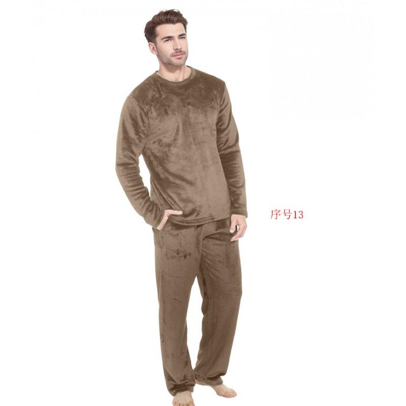 Mens Flannel Pajama Set Round Neck Long Sleeve Pants Soft Warm Loungewear Young Men