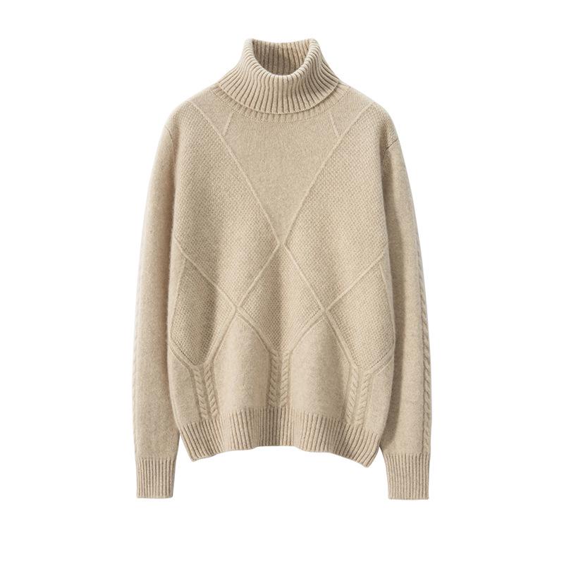 Women's Diamond Knit Cashmere Turtleneck Sweater - Thick, Stylish Base Layer for Autumn/Winter Outfits