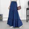 90cm Length Denim Skirts Women's Elastic High Waist Button Shirring Patchwork Ruffle Long Skirt Casual Blue Skirts Streetwear