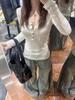 Rayon Plain V-neck Spicy American Style Long Sleeve T-shirt for Women - Early Autumn White Top