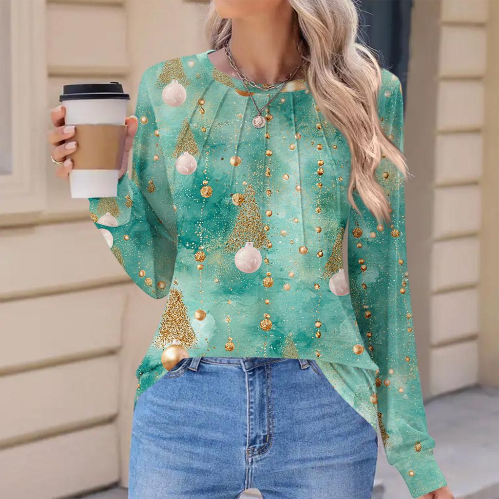 Women's Fashionable Casual Christmas Printed Pleated Comfortable Round Neck Loose Long Sleeve T-Shirt Top