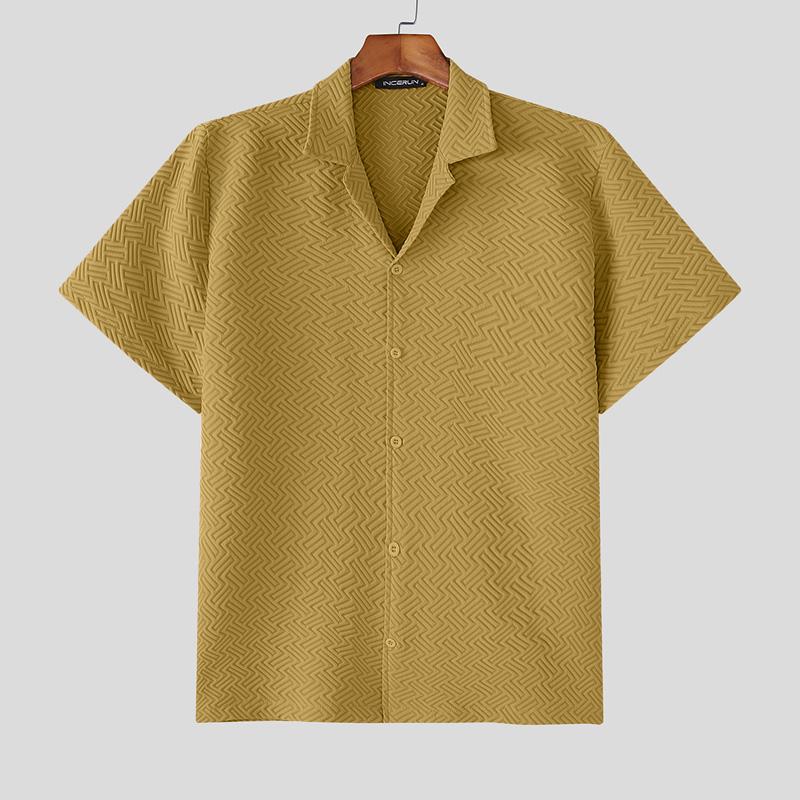 INCERUN S-5XL Men Lapel Short Sleeve Texture Buttons Casual Loose Shirts