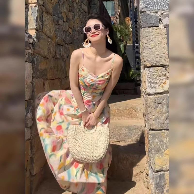 Coffee break French oil painting floral suspender dress women's summer new seaside vacation beach dress