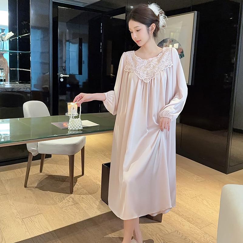 2026 Ice Silk Long Sleeve Nightgown for Women - Plus Size, Sexy French Style