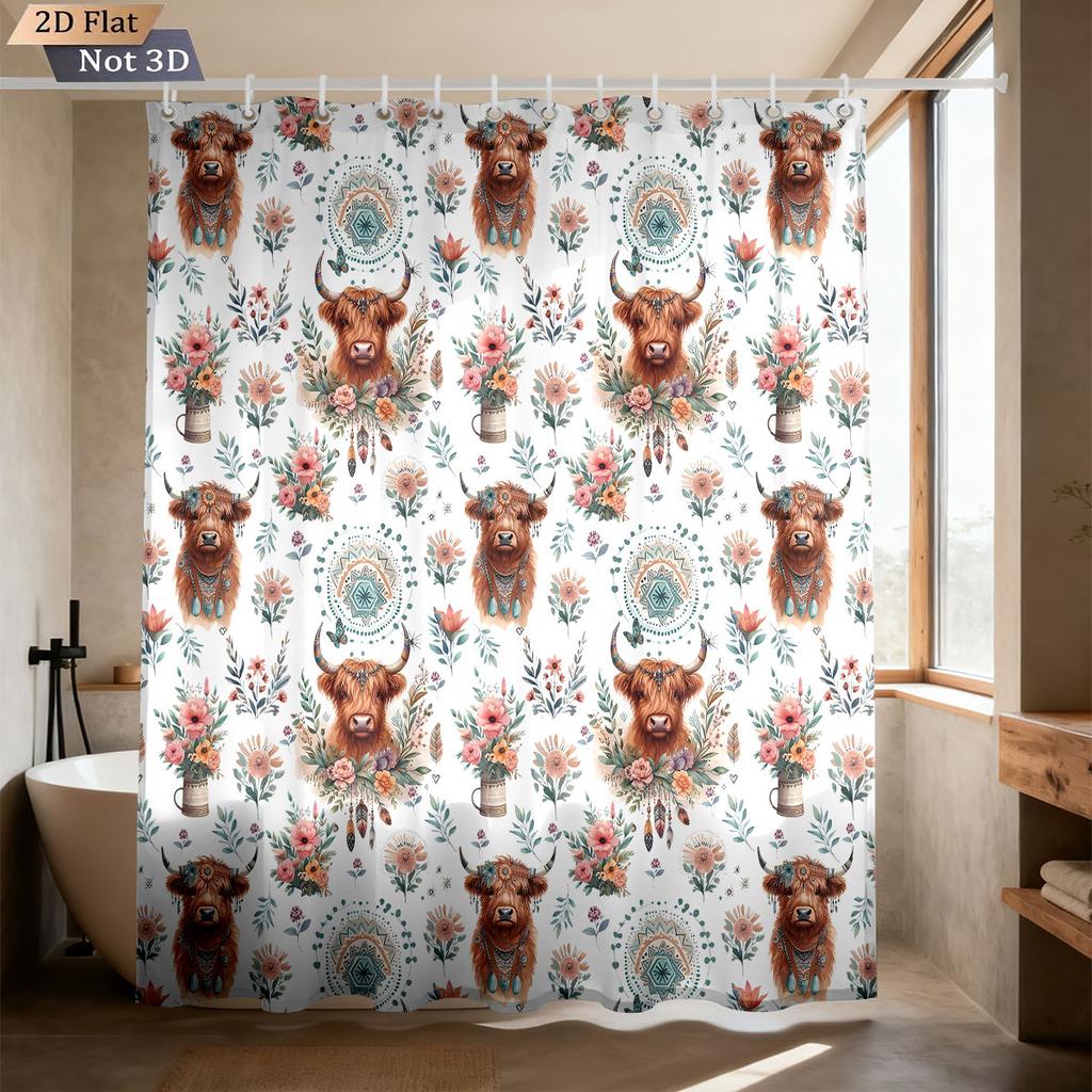 1Pc Flower Highland Cow Print Waterproof Shower Curtain Partition Privacy Hanging Curtain, With 12 Hooks, Multiple Sizes