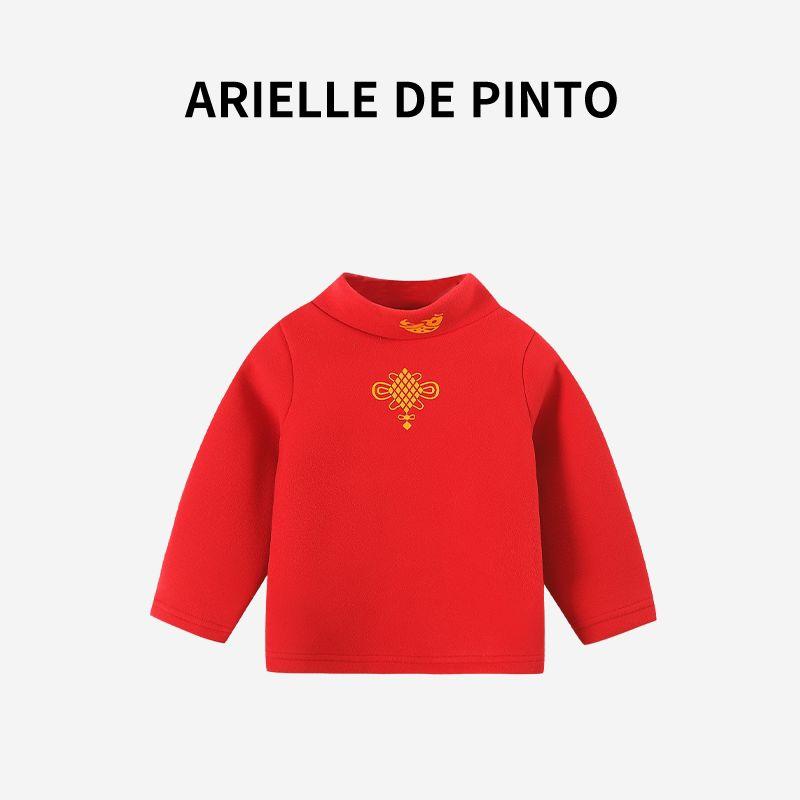 French Arielle De Pinto Girls  Sweatshirt Winter Cute Baby Red Fleece-Lined Chinese Style Base Shirt Red 120