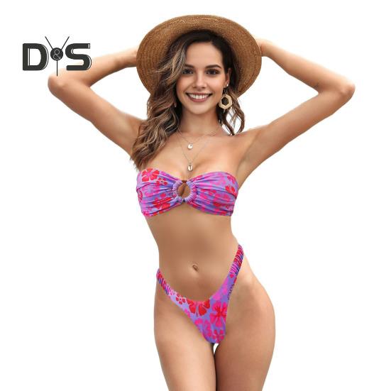 2 stk/sett Dame Bikini Sett Bandeau Polstret Trådløs Bikini BH Høy midje Badebukser Sett Splittdesign Blomstertrykk Badebukt