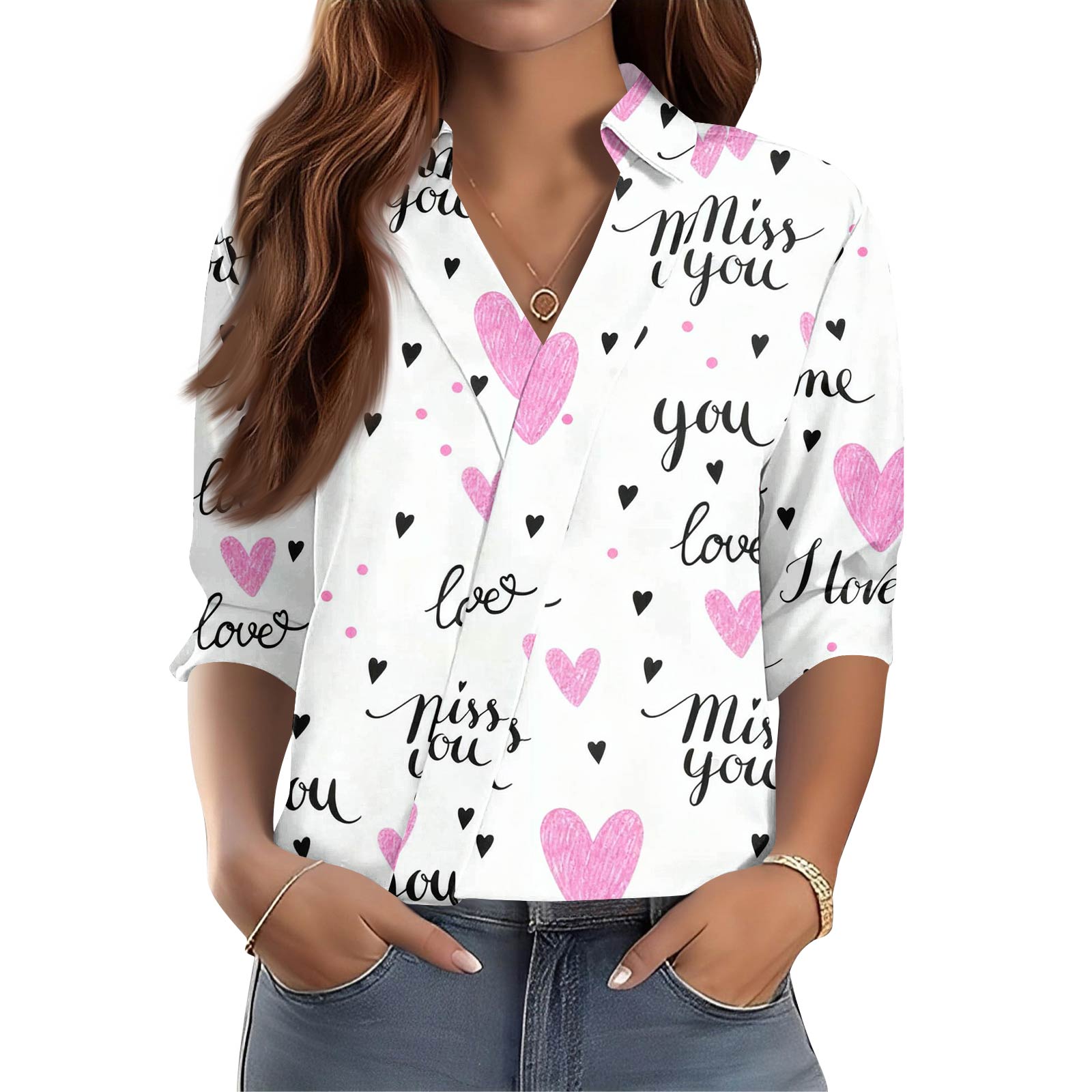 

Women s 3/4-Sleeve V-Neck Shirt Printed Workwear Casual Regular Shirt Collar Top L білий