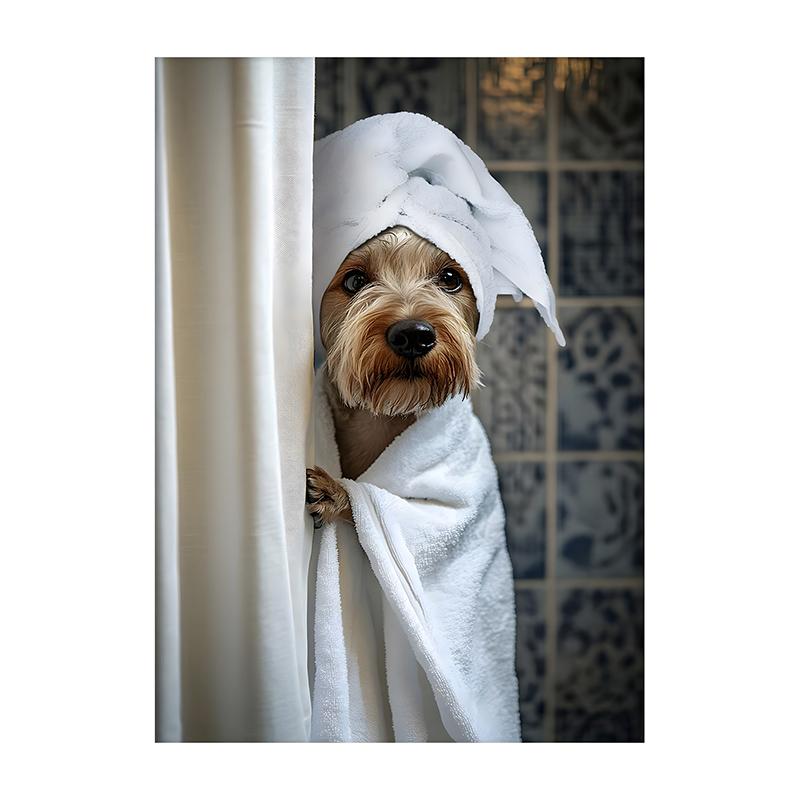 Cute Shower Dog Bathroom Decor Poster Dog in Bathtub Print Animal Murals Canvas for Home Decor Dog Lover Gifts