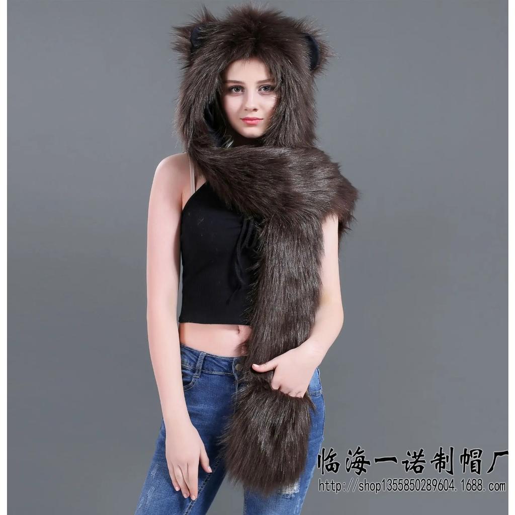 Women Girls Y2K Beanie Fur Animal Hat Scarf Glove Mitten 3-in-1 Function Furry Hoodie with Paws Ears Party Costume