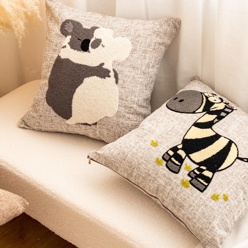 Cotton and Linen Cartoon Towel Embroidered Pillow Case Animal Pattern Children's Room Decorative Cushion Bedside Pillow