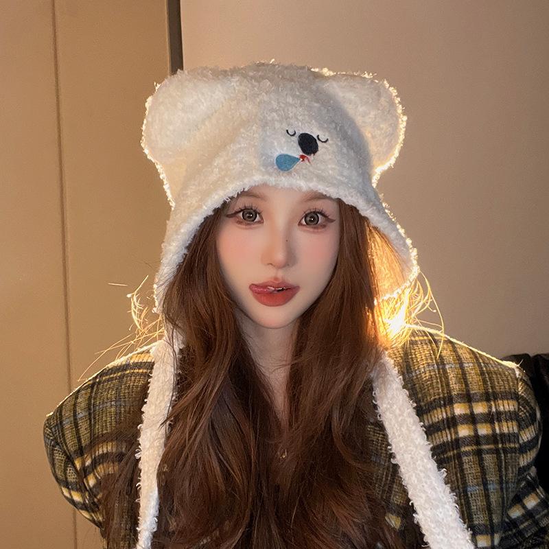 New Hat for Women's Snot Bear Lace Up Plush Hat Autumn and Winter Ear Protection Warm Pullover Hat Knitted Lei Feng Wool Hat