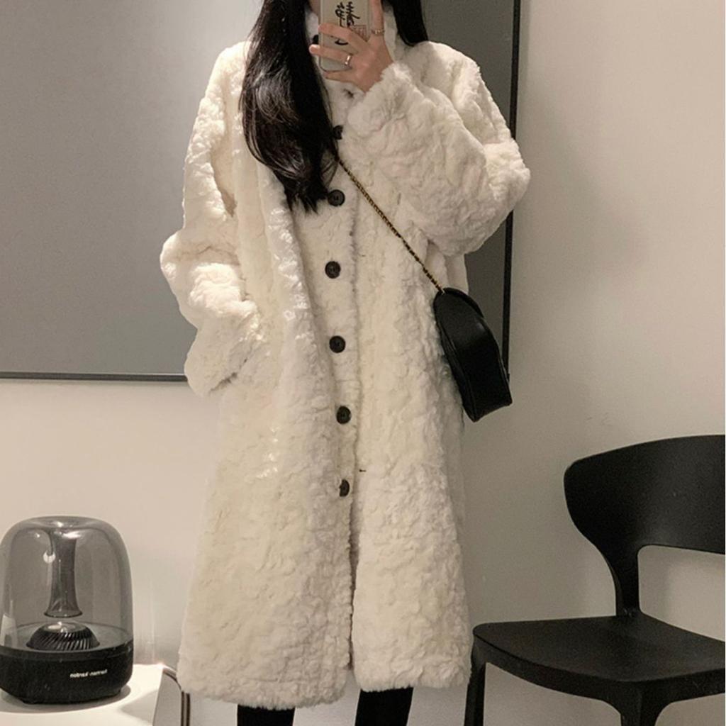 Lamb Wool White Cotton-Padded Coat Women'S Winter Year Thickened Medium And Long Wool Imitation Fur Coat
