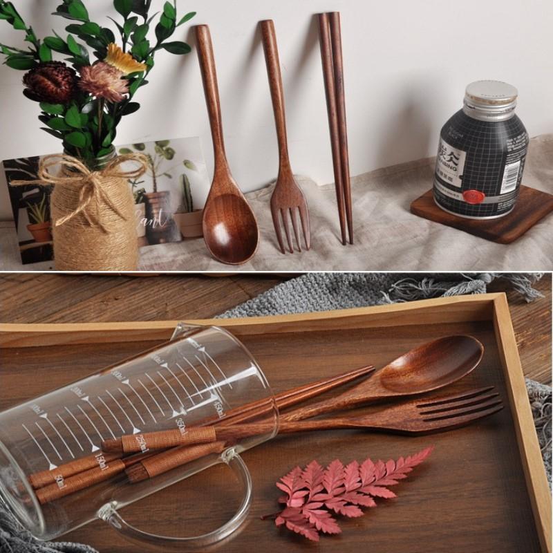 Natural Wood Spoon Chopsticks And Fork Dinner Set Rice Soup Tableware Grain Handmade Household Tableware Tableware