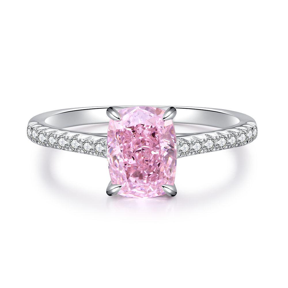 S925 Sterling Silver Pink Radiant Cut Flower Ring for Women - Cute, Sweet, INS Style.