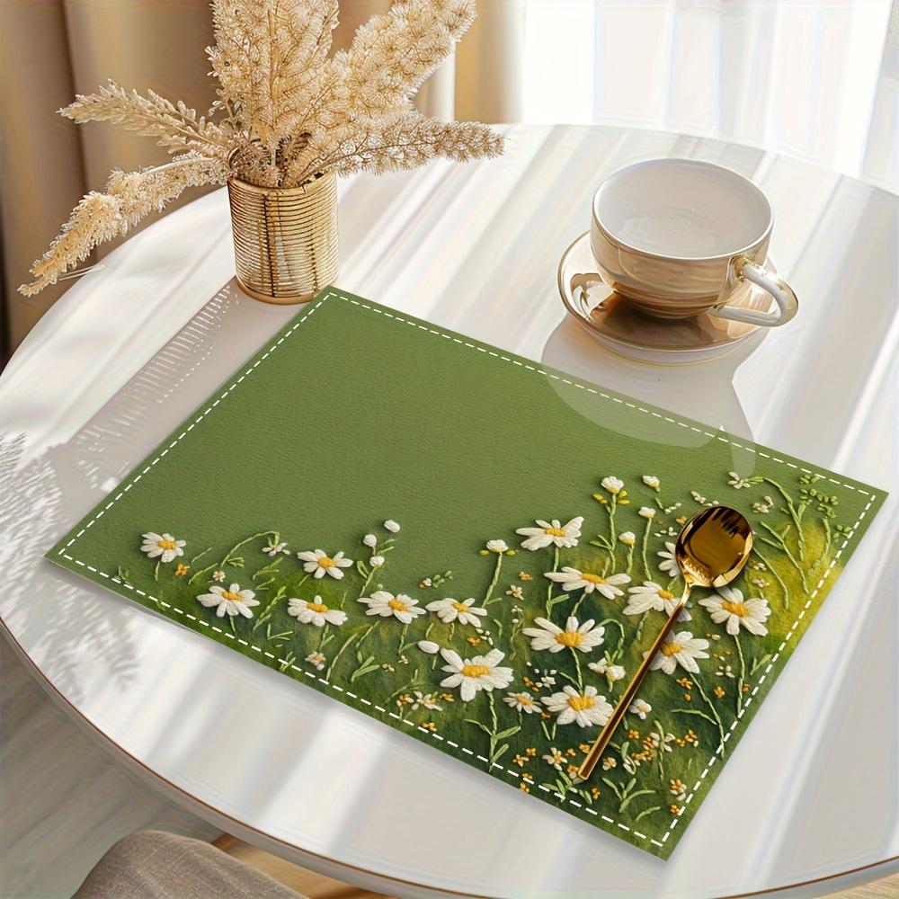 Green Daisy Flower Placemats Nature Floral Table Mats Set Washable Kitchen Dining Decor Linen Coaster