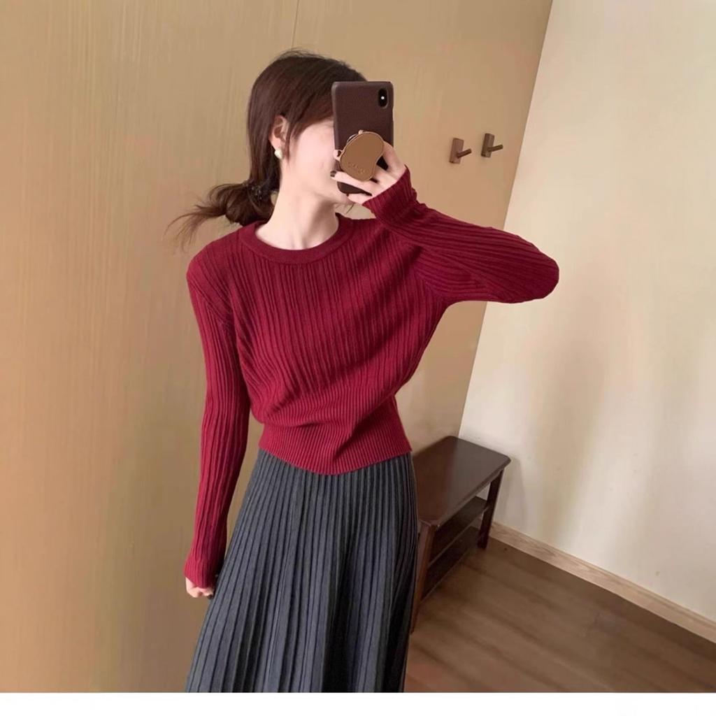 Waist-cinching design slimming crew neck knit base shirt, autumn/winter new solid color casual inner knit sweater for women